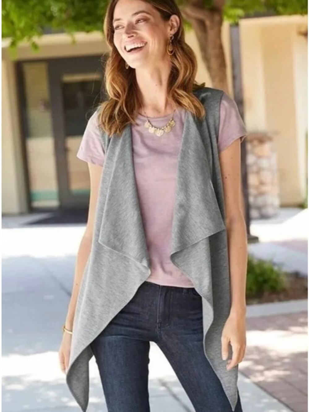 Matilda Jane Count it Out Vest Sleeveless Open Drape Waterfall Cardigan Gray Mdm